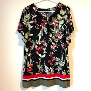 Liz Claiborne Career Woman Size 1X Black Red Flower Print Blouse Top Shirt